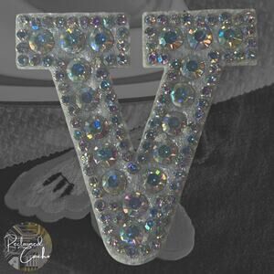 Iridescent Letter V Iridescent Rhinestone Iron On Patch